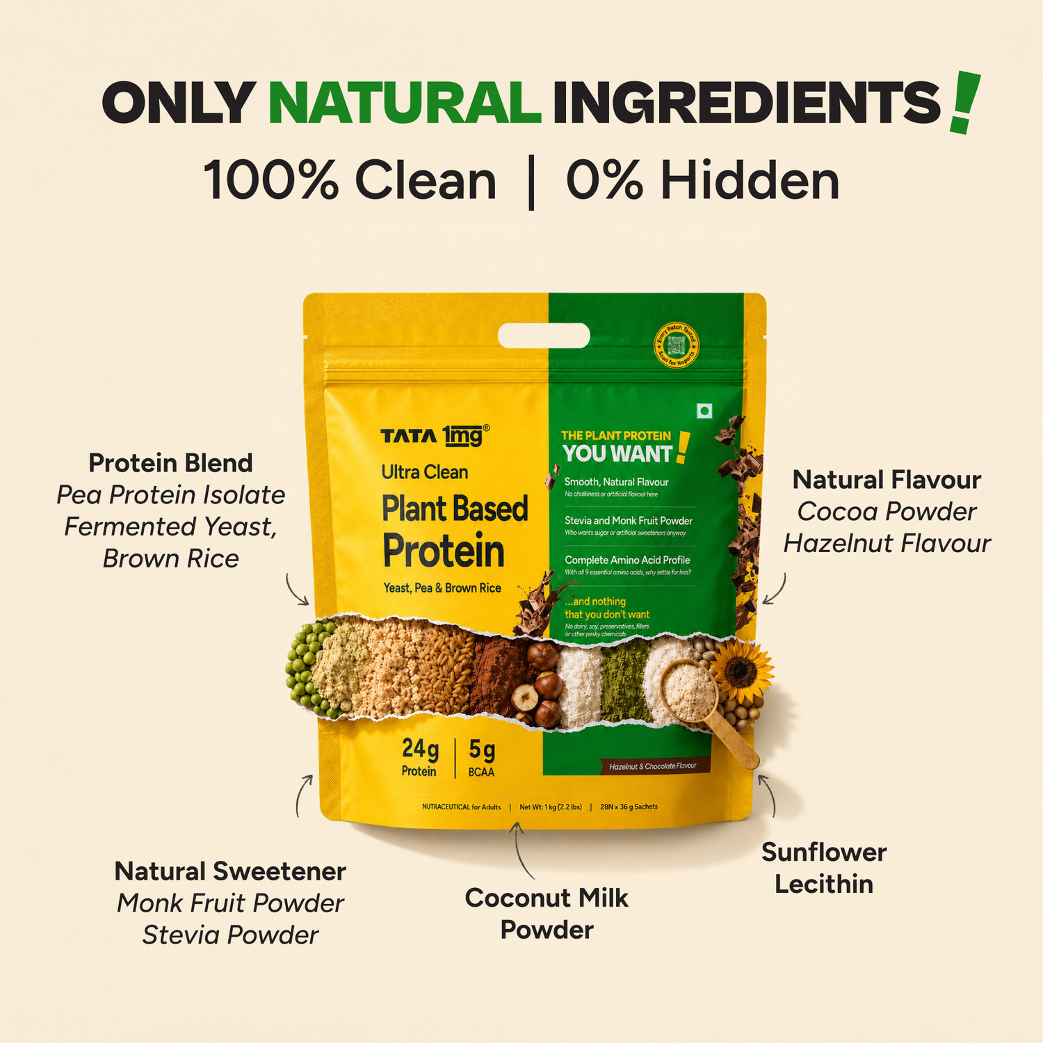 Image of TATA 1mg Ultra Clean Protein Powder - 24g Smooth & Creamy Vegan Protein- 28 sachets Plant-Based Protein