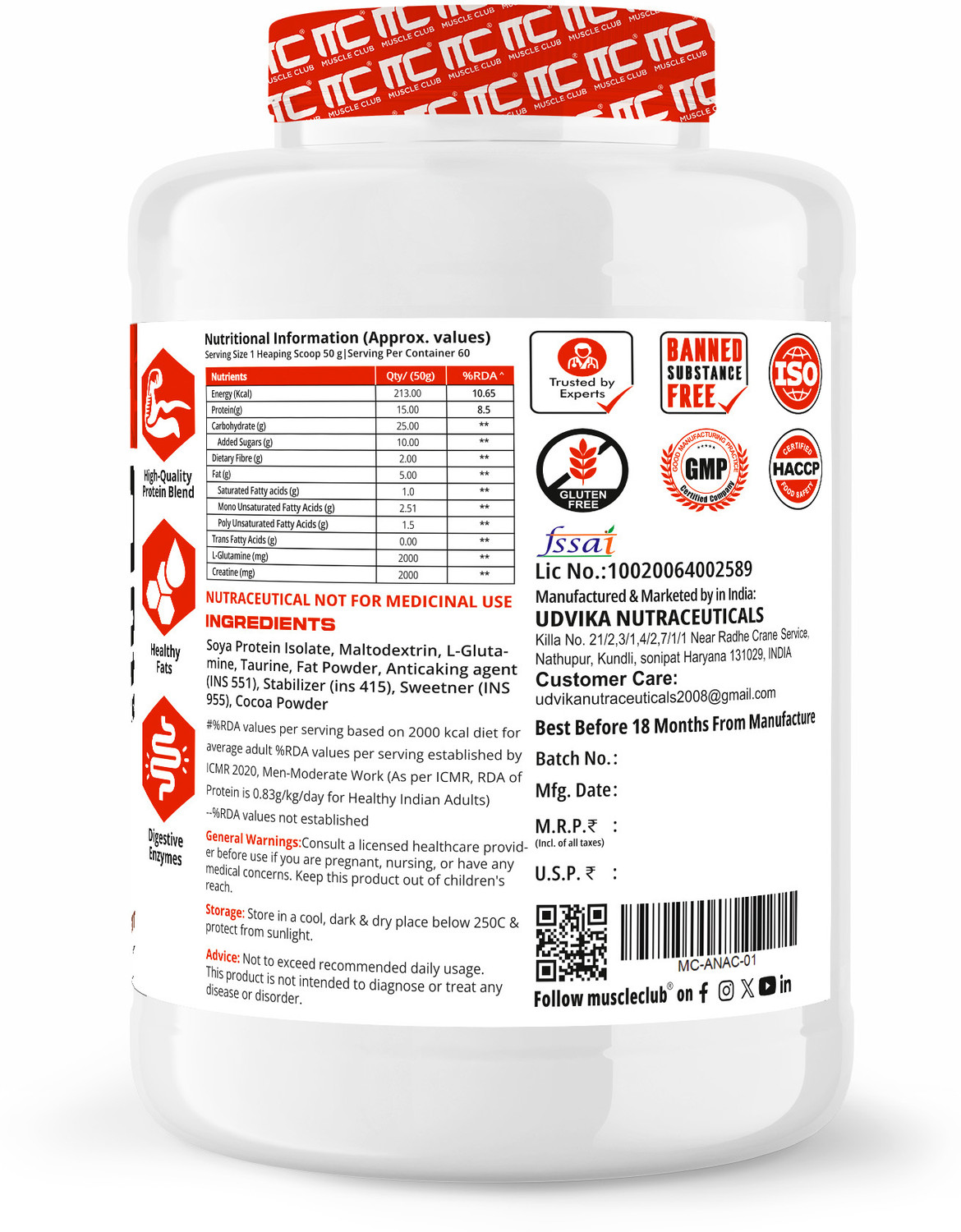Image of Muscle Club Anabolic Mass Gainer High-Calorie Weight Gainer with Protein Chocolate Flavor Weight Gainers /Mass Gainers