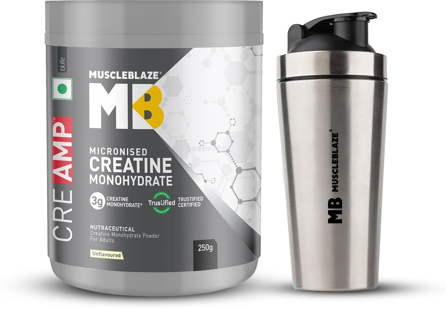 Image of MUSCLEBLAZE Micronised Creatine Monohydrate CreAMP, Trustified Certified & Gym Steel Shaker Creatine