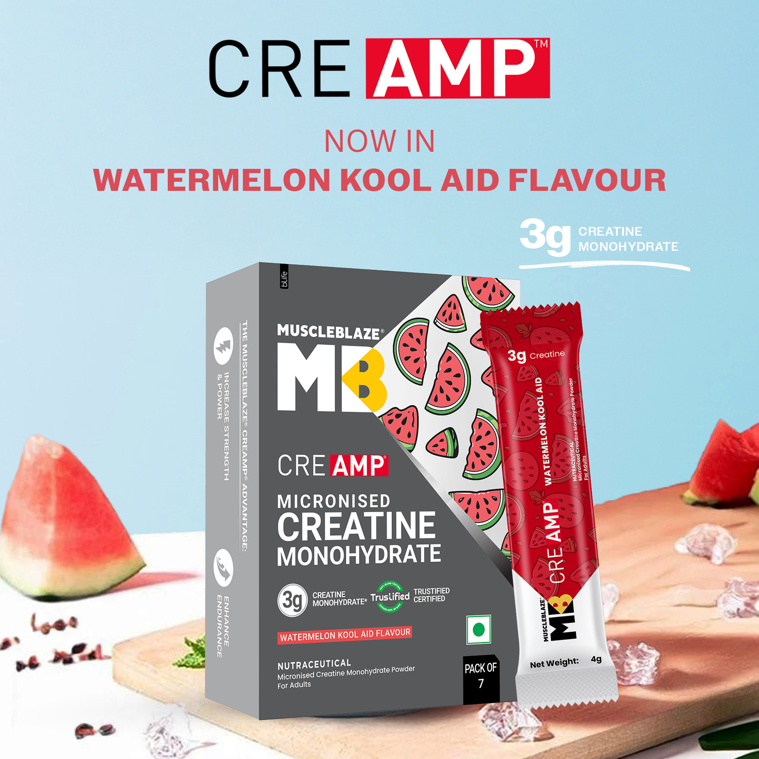 Image of MUSCLEBLAZE Micronised Creatine Monohydrate CreAMP Powder, 7 Sachets | Trustified Certified Creatine