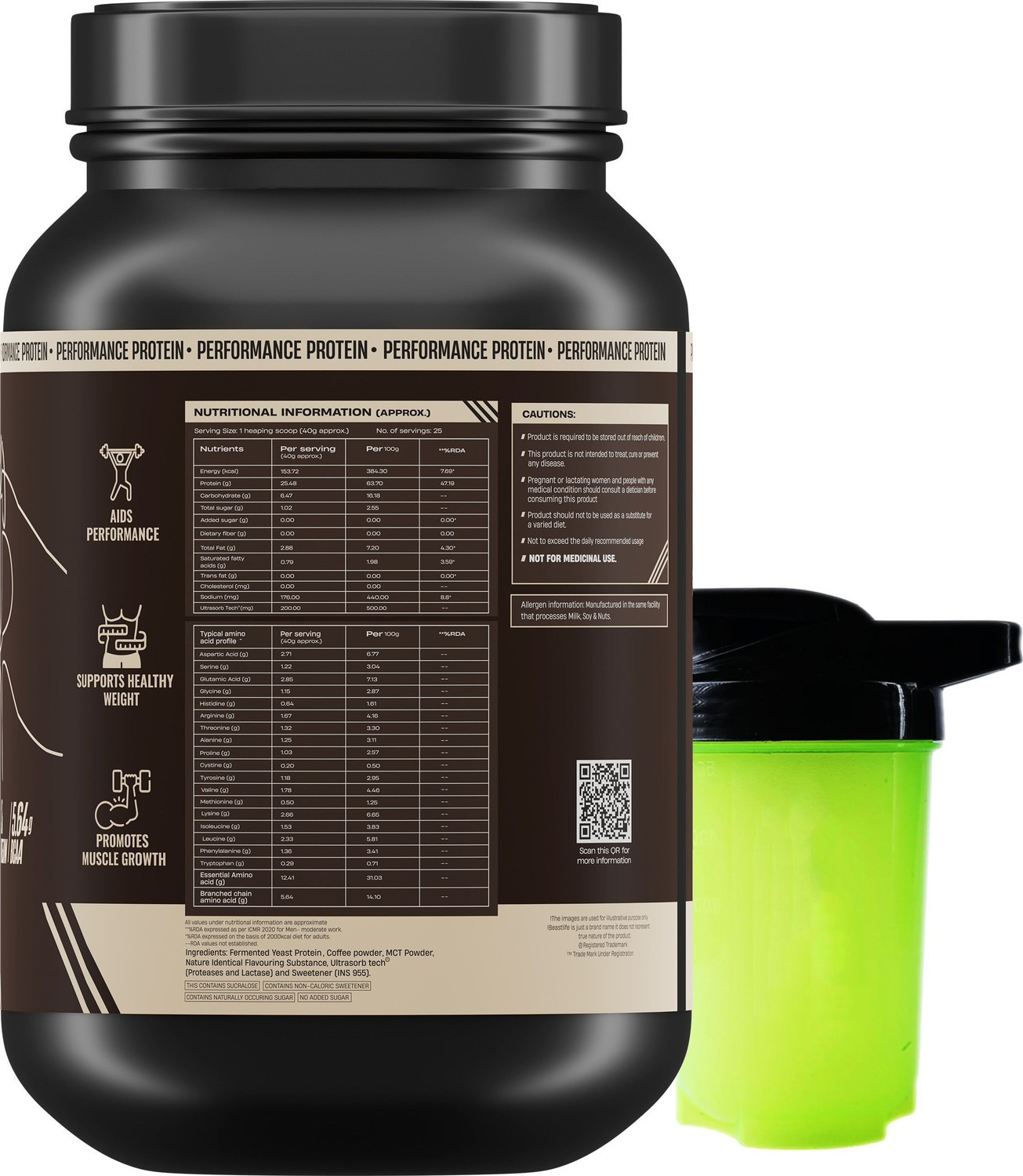 Image of BeastLife Performance Protein Powder with Shaker- 25g Protein, 5.64g BCAA- Yeast Protein Yeast Protein