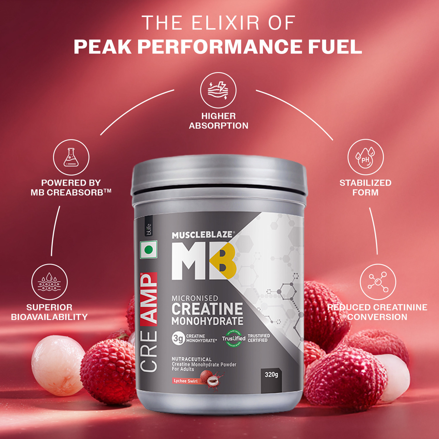 Image of MUSCLEBLAZE Micronised Creatine Monohydrate CreAMP Powder, Trustified Certified Creatine