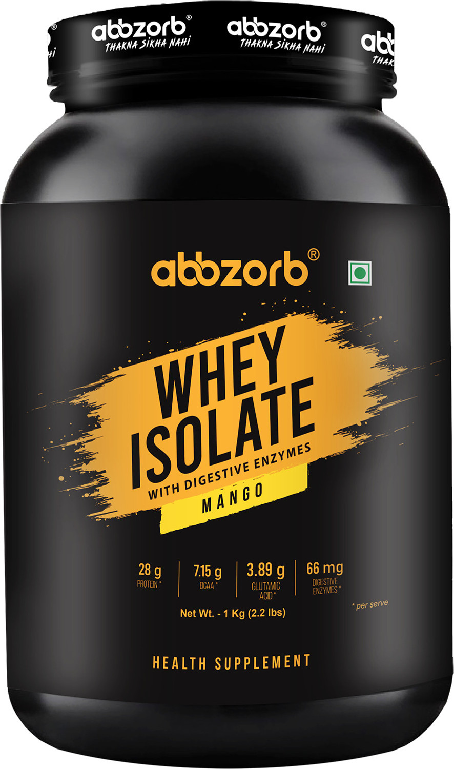 Image of Abbzorb Whey Isolate28.05gProtein|8.13g bcaa|with Digestive Enzymes 1kg Mango Whey Protein