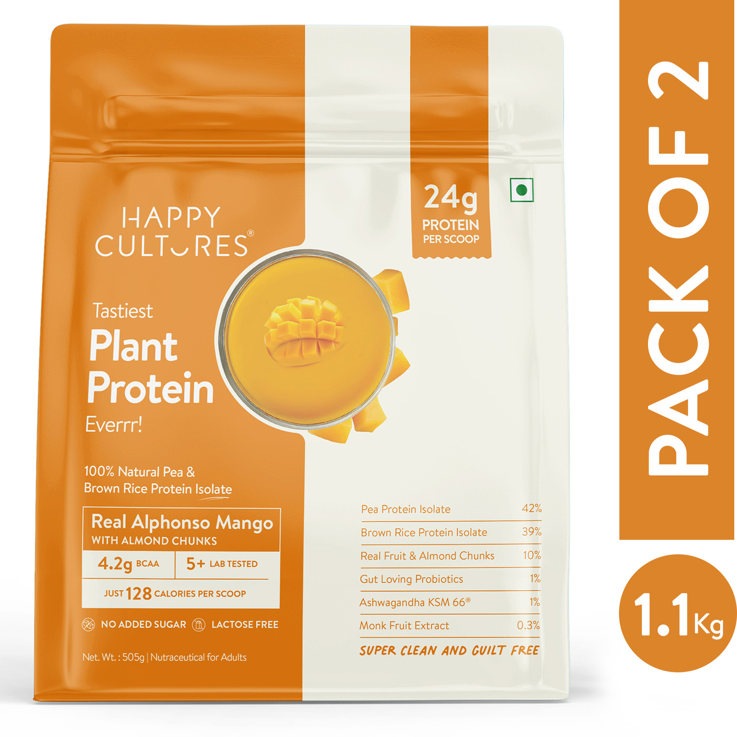 Image of Happy Cultures 24g Mango Tastiest Plant Protein|18 Amino Acids & BCAA|High-Protein Nutrition Plant-Based Protein
