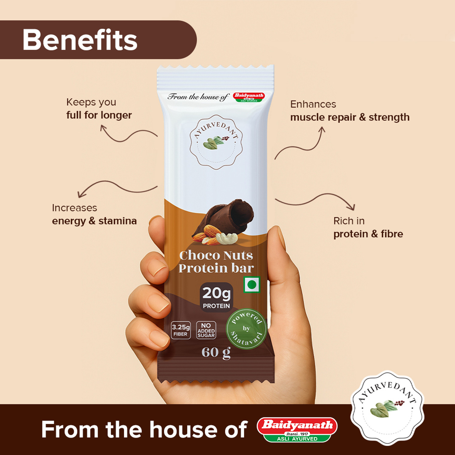 Image of Baidyanath Ayurvedant Choco Nuts Pack of 6 Protein Bars