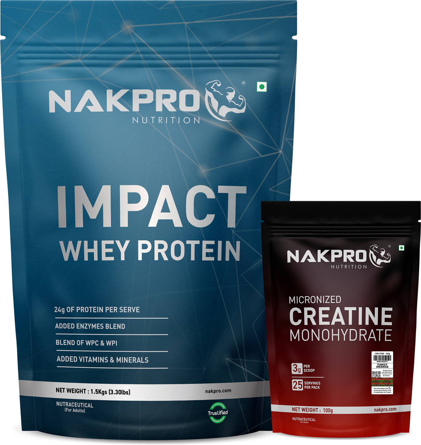Image of Nakpro Impact Whey Protein Isolate & Concentrate 1.5kg + Creatine Monohydrate 100g | Whey Protein