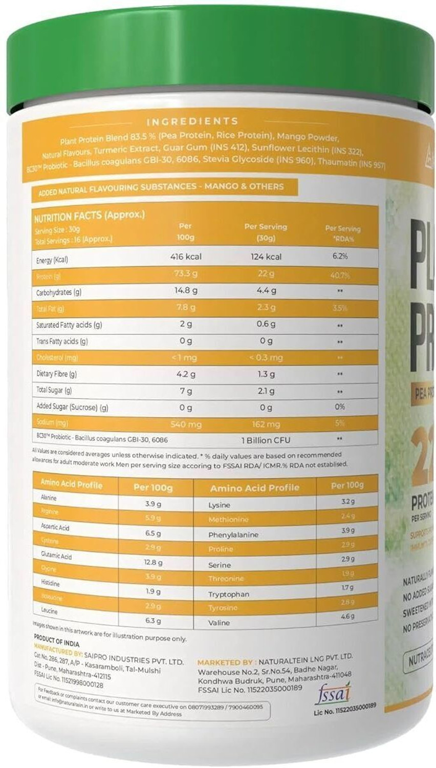 Image of NATURALTEIN Plant Protein - 22g Protein with BC30 Probiotic, No Sugar Plant-Based Protein