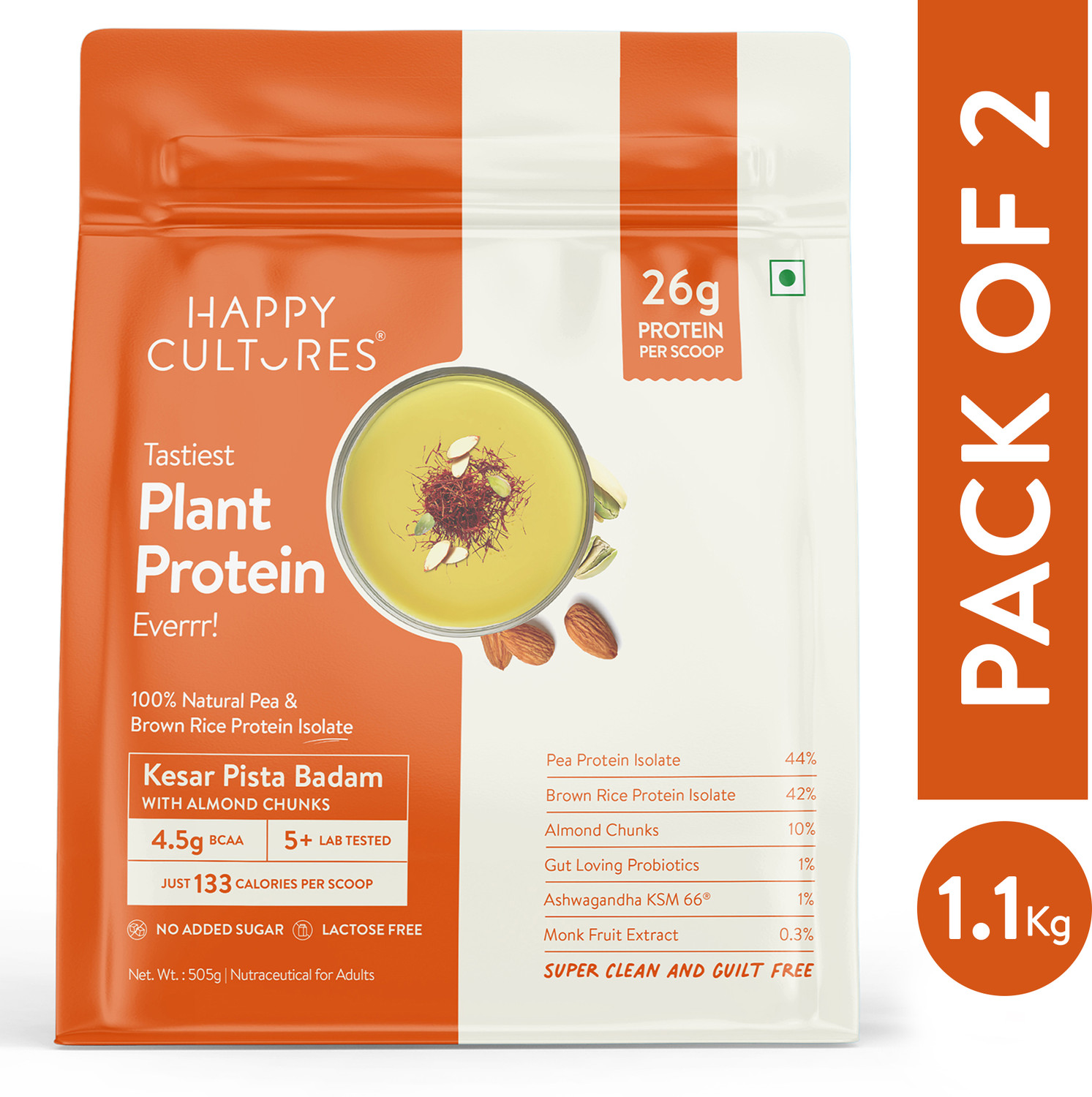 Image of Happy Cultures 26g Kesar Pista Badam Tastiest Plant Protein|No Gas & Bloating|18 Amino Acid Plant-Based Protein