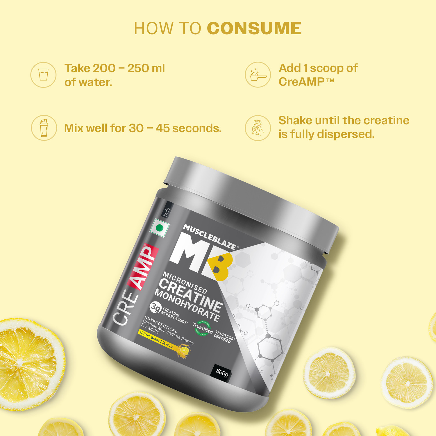 Image of MUSCLEBLAZE Micronised Creatine Monohydrate CreAMP Powder, Trustified Certified Creatine