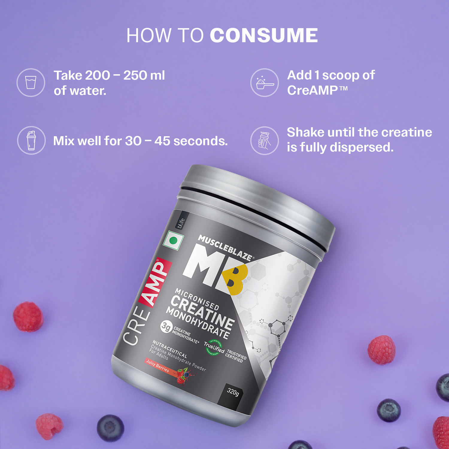 Image of MUSCLEBLAZE Micronised Creatine Monohydrate CreAMP Powder with Shaker, Trustified Certified Creatine
