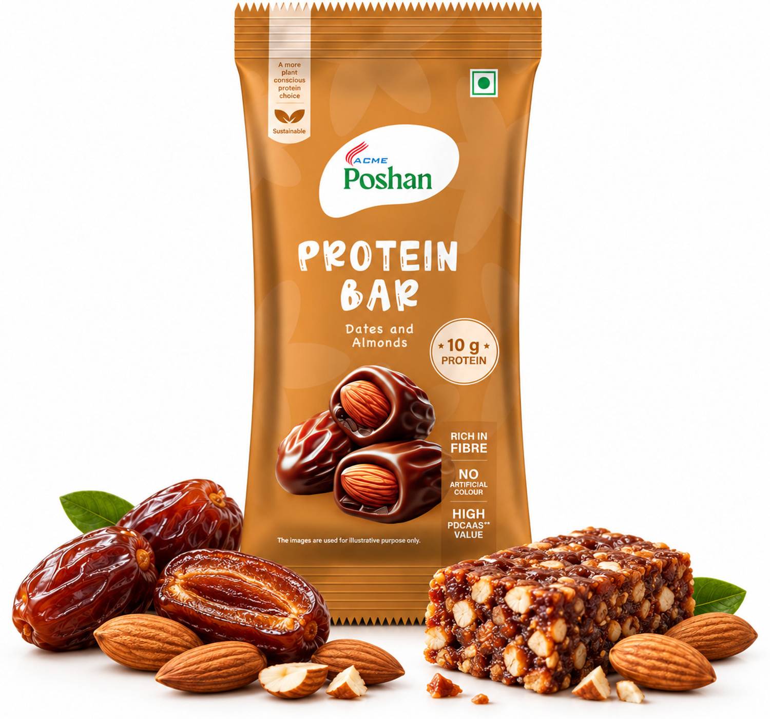 Acme Poshan Protein Bar Dates and Almonds 50gms, 10gms protein Pack of 1 Protein Bars