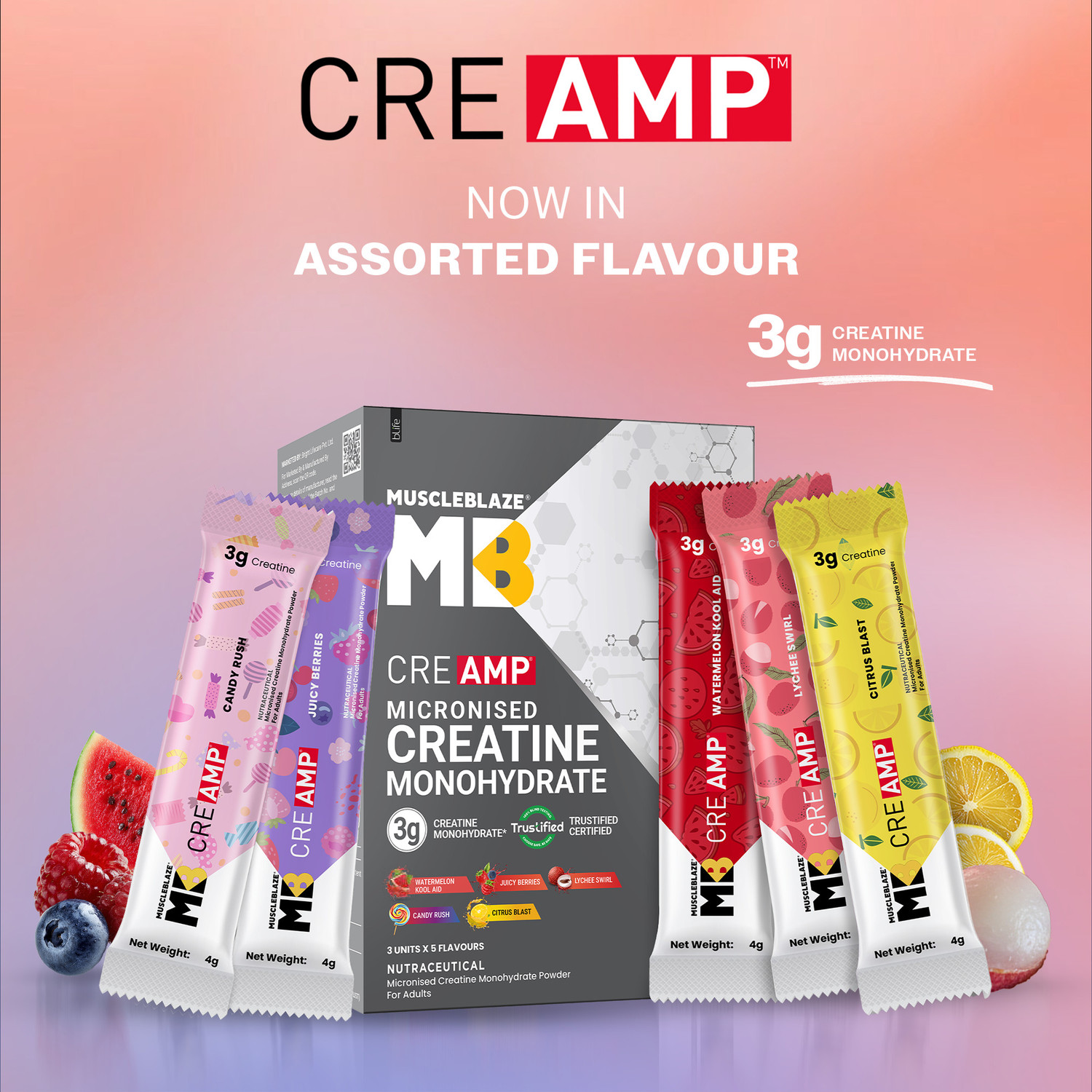Image of MUSCLEBLAZE Micronised Creatine Monohydrate CreAMP Powder, 15 Sachets | Trustified Certified Creatine
