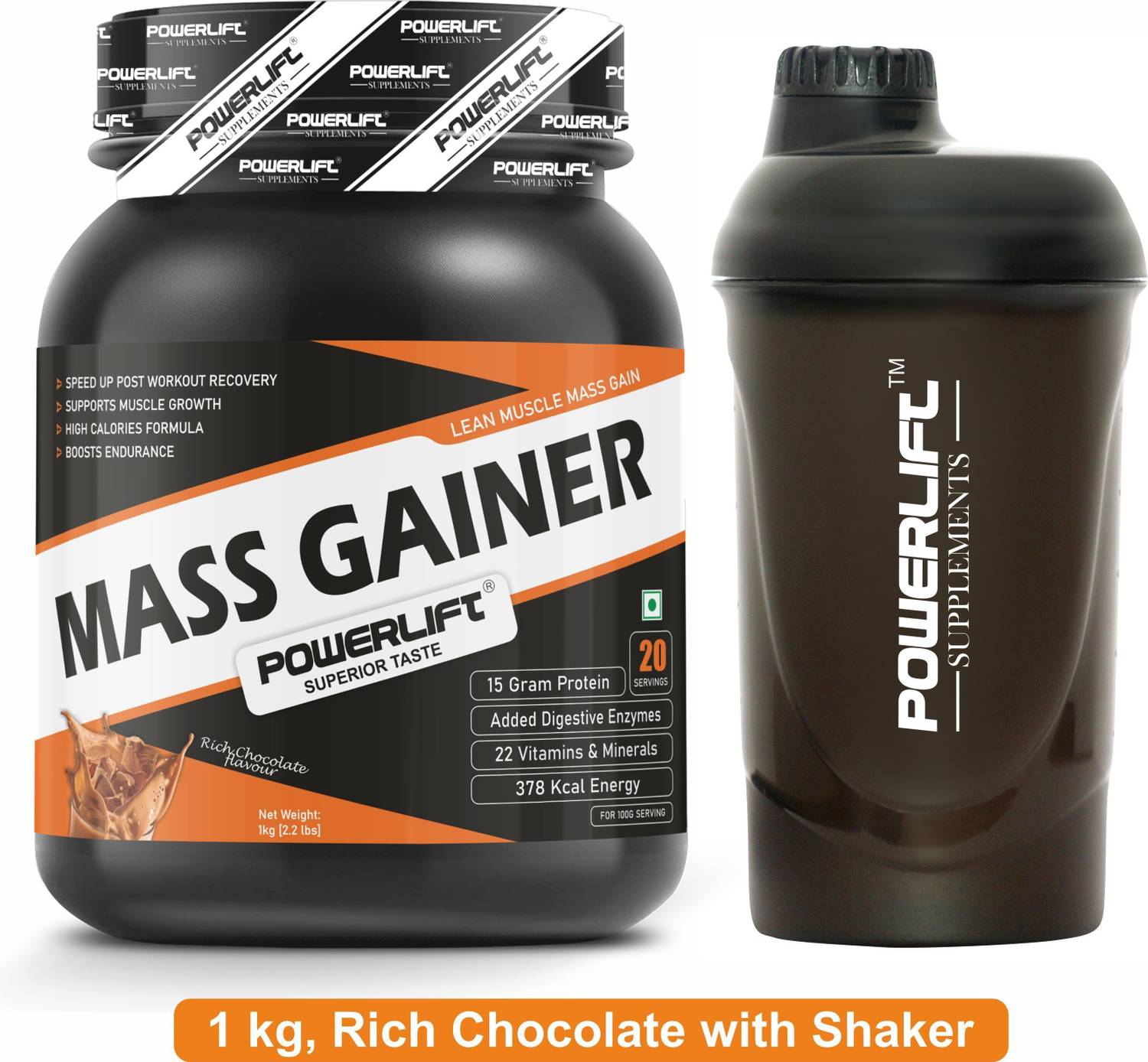 POWERLIFT for Muscle Mass Gain with Shaker, High Protein with Mul