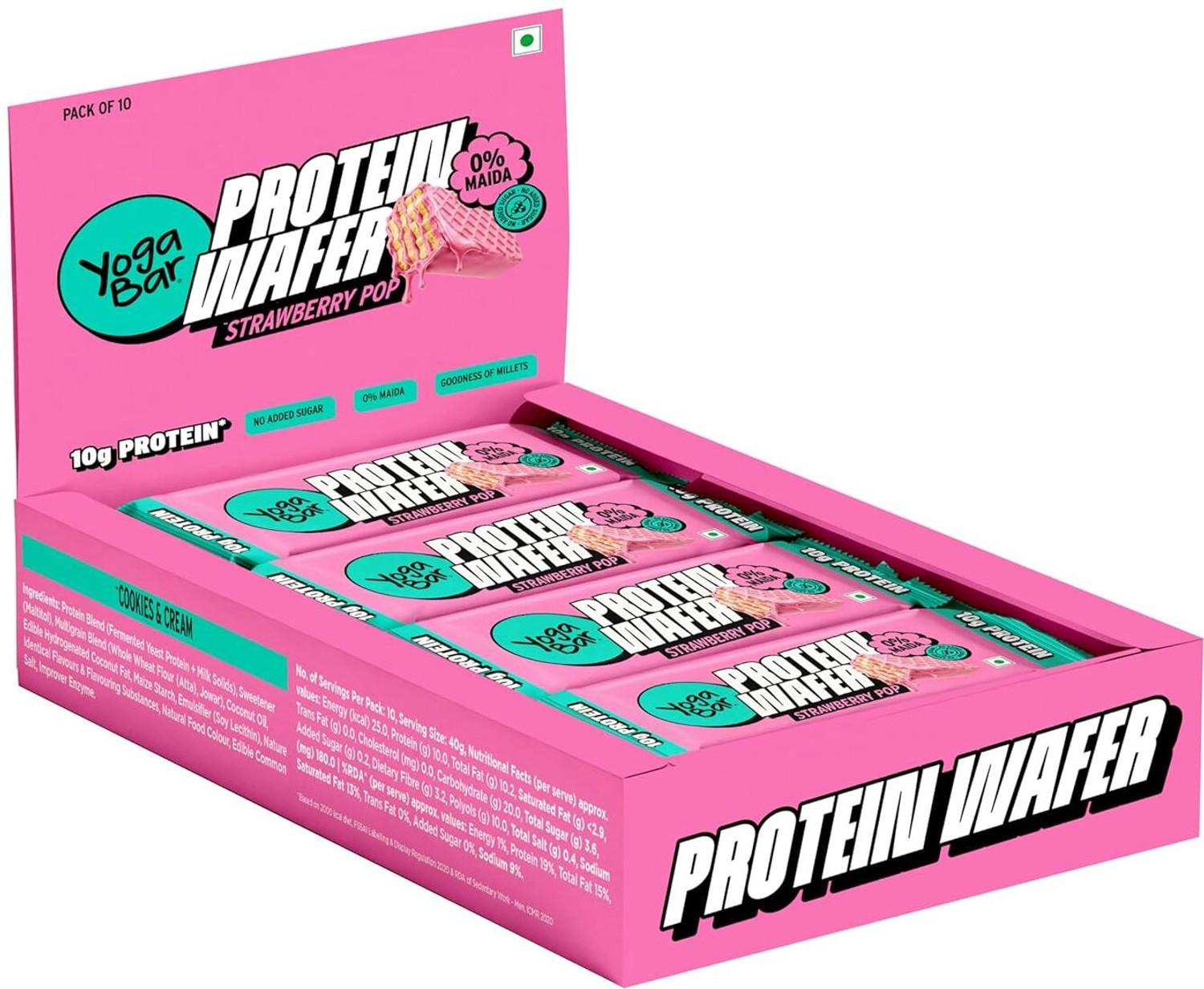 Image of Yogabar 10g Protein Wafer Bars|Strawberry Pop|Goodness of Millets|0% Maida|10 Protein Wafer