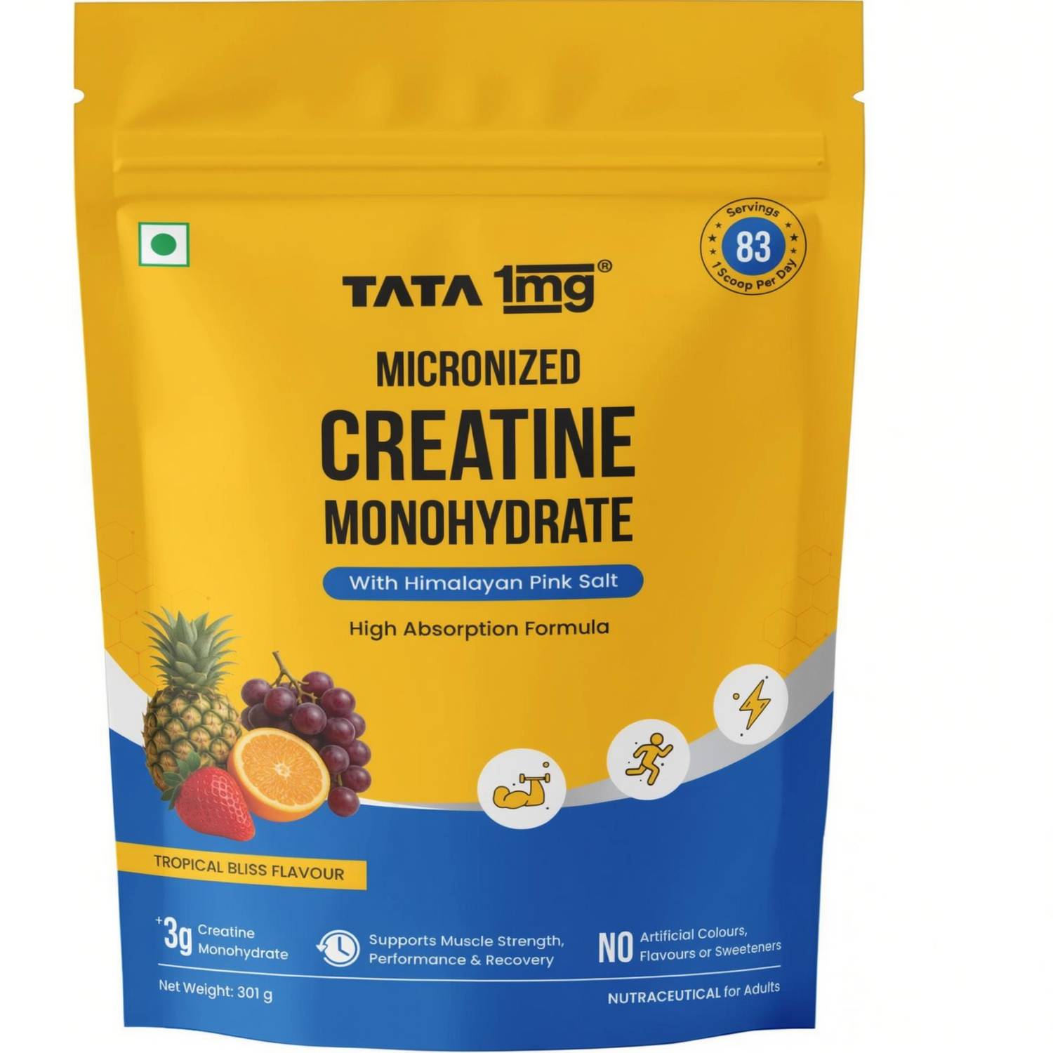 TATA 1mg Micronized Creatine Tropical Bliss-3 g per Scoop-Strength & Recovery-83 Servings Creatine