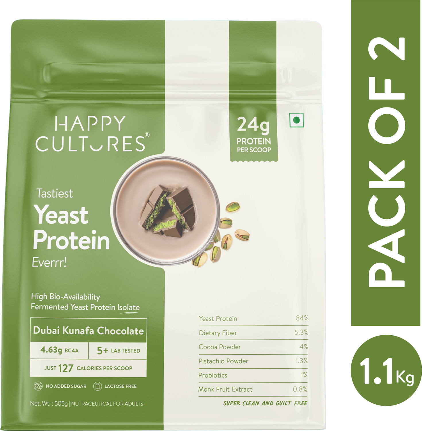 Image of Happy Cultures Dubai Kunafa Chocolate Fermented Yeast Protein Isolate 505g, 24g Protein Yeast Protein