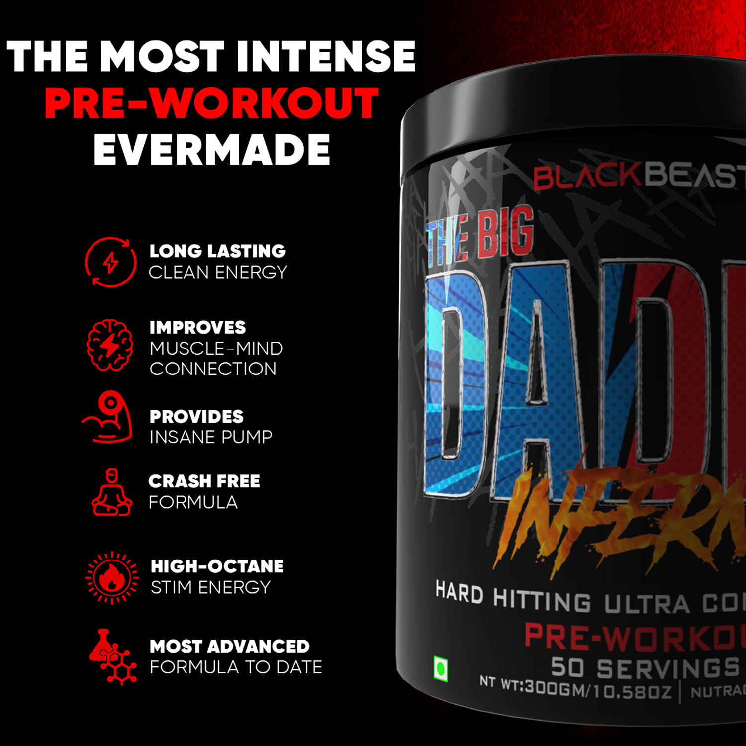 Image of Black Beast The Big Daddy Inferno Preworkout 50 Serving 4500mg Citrulline,3000mg BetaAlanine Pre Workout