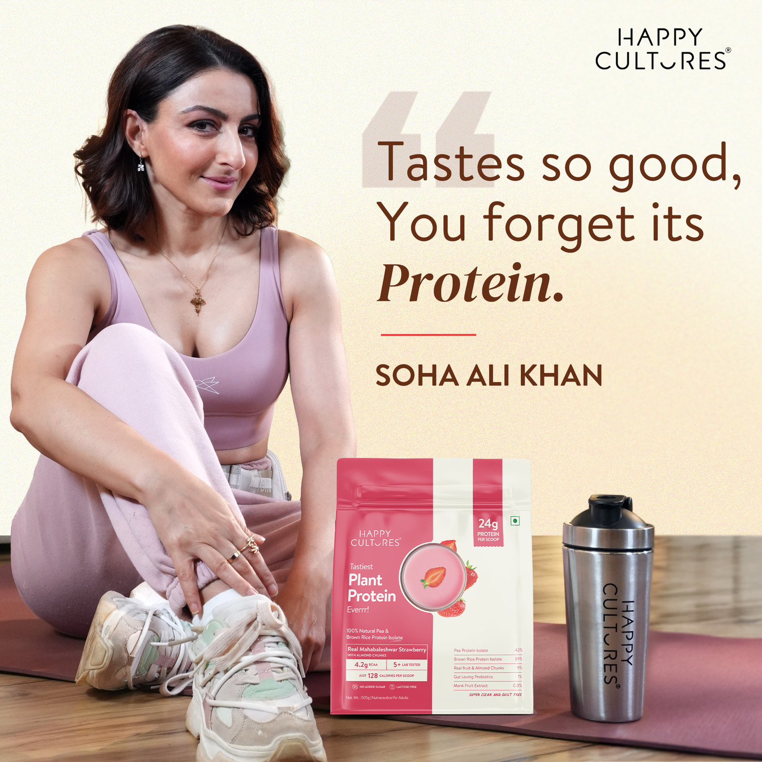 Image of Happy Cultures 24g Strawberry Tastiest Plant Protein|No Gas & Bloating|18 Amino Acid| Vegan Plant-Based Protein