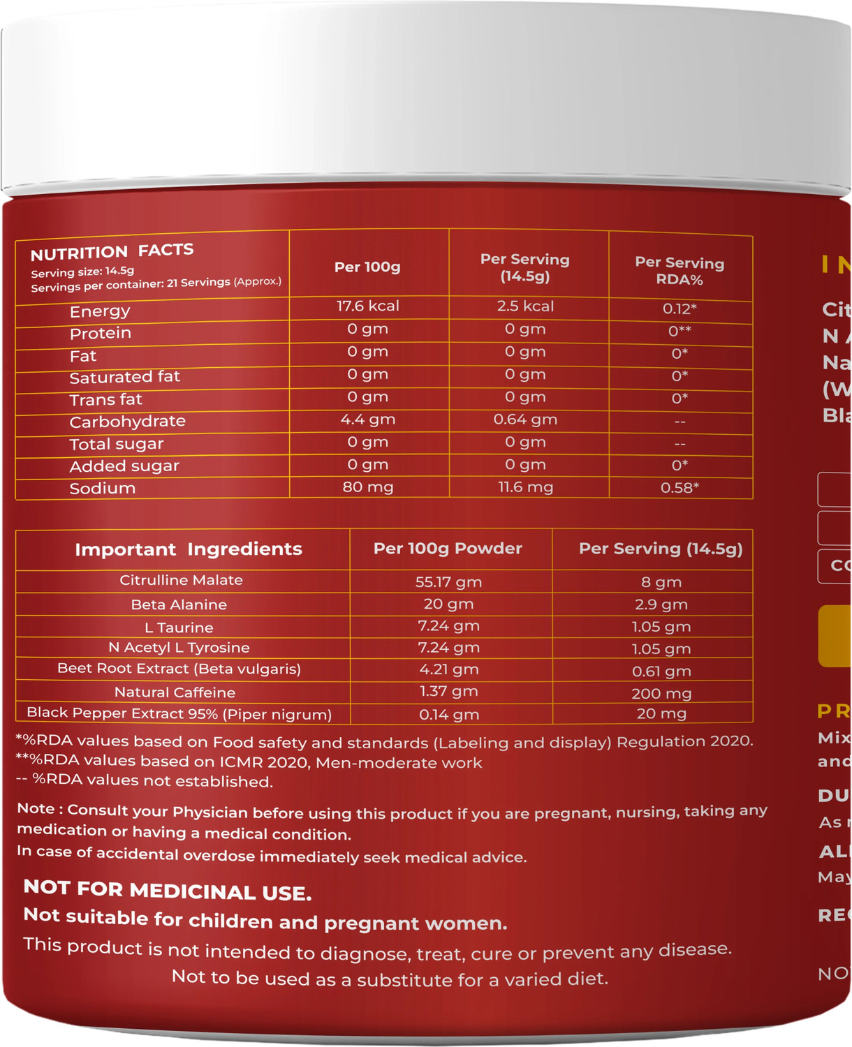 Image of NATURALTEIN PURE-07 Natural and Vegan Pre-Workout Supplement Pack, 200 g (Watermelon) Pre Workout