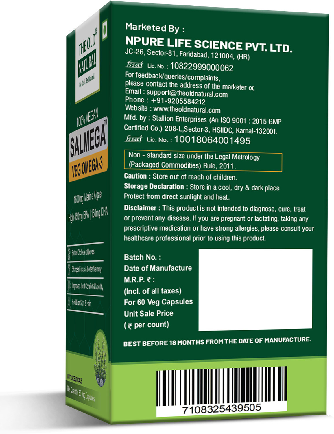 Image of The Old Natural Salmega Omega 3 1600mg | Algae DHA EPA Supplement | Plant Based 60 Capsules Plant-Based Protein