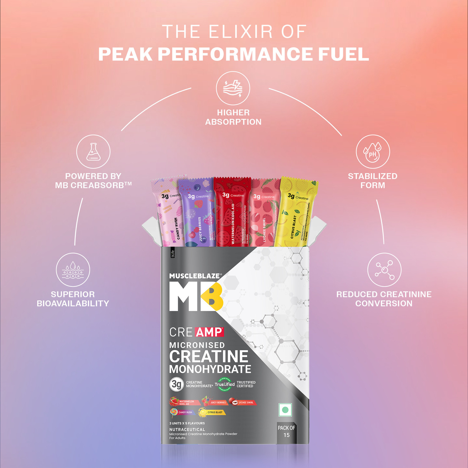 Image of MUSCLEBLAZE Micronised Creatine Monohydrate CreAMP Powder, 15 Sachets | Trustified Certified Creatine