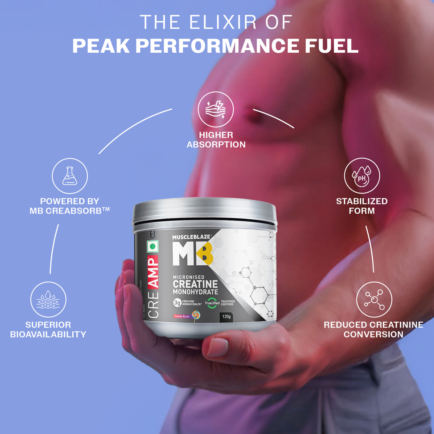 Image of MUSCLEBLAZE Micronised Creatine Monohydrate CreAMP Powder, Trustified Certified Creatine