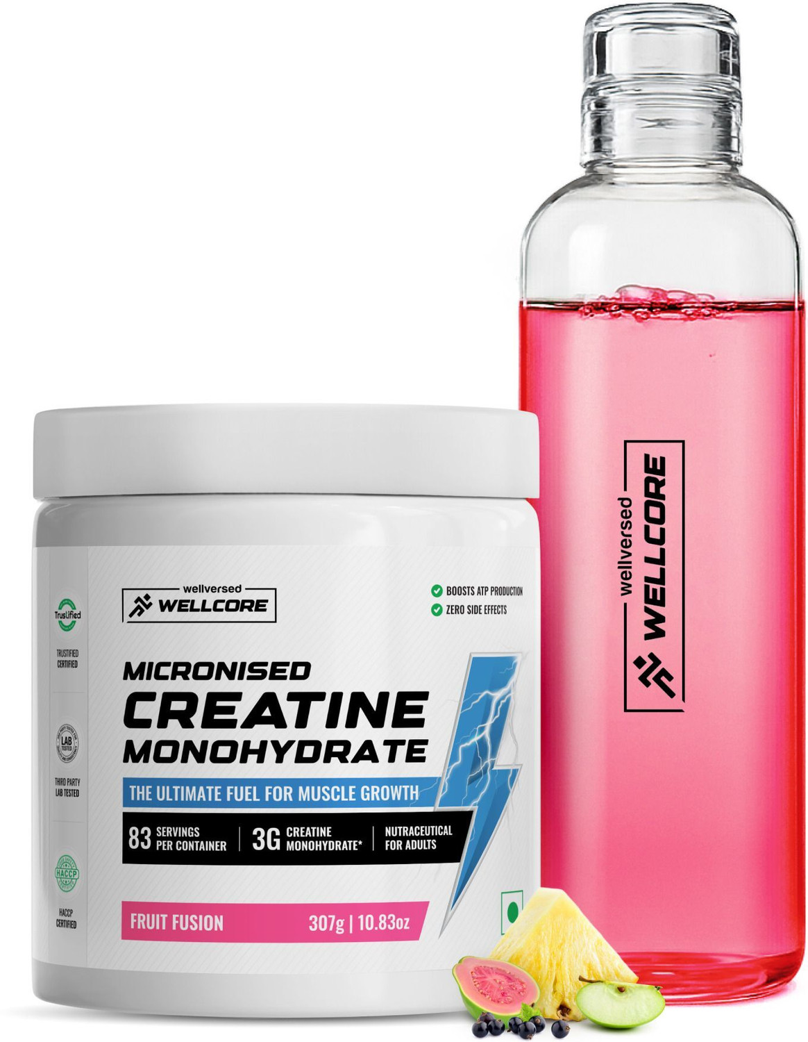 Image of Wellcore Micronised Creatine Monohydrate (307g, Fruit Fusion) + Premium Glass Bottle | Creatine