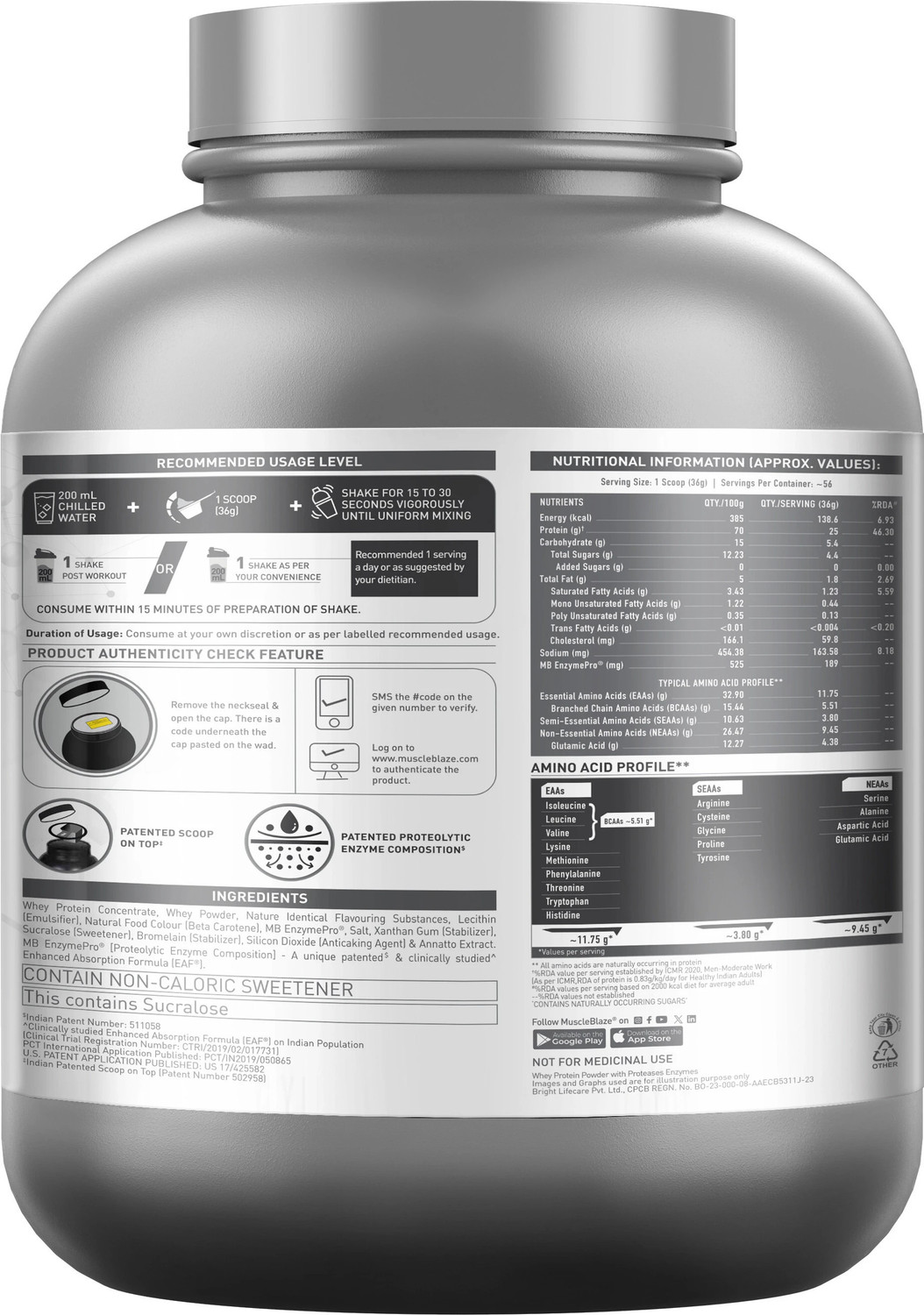 Image of MUSCLEBLAZE Biozyme Performance Whey Protein Powder & Micronised Creatine Monohydrate CreAMP Whey Protein