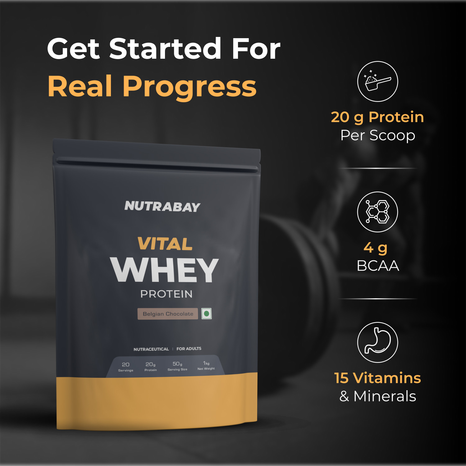 Image of Nutrabay Gold Vital Whey Protein for Beginners, 20.4g Protein - 1kg, Belgian Chocolate Whey Protein