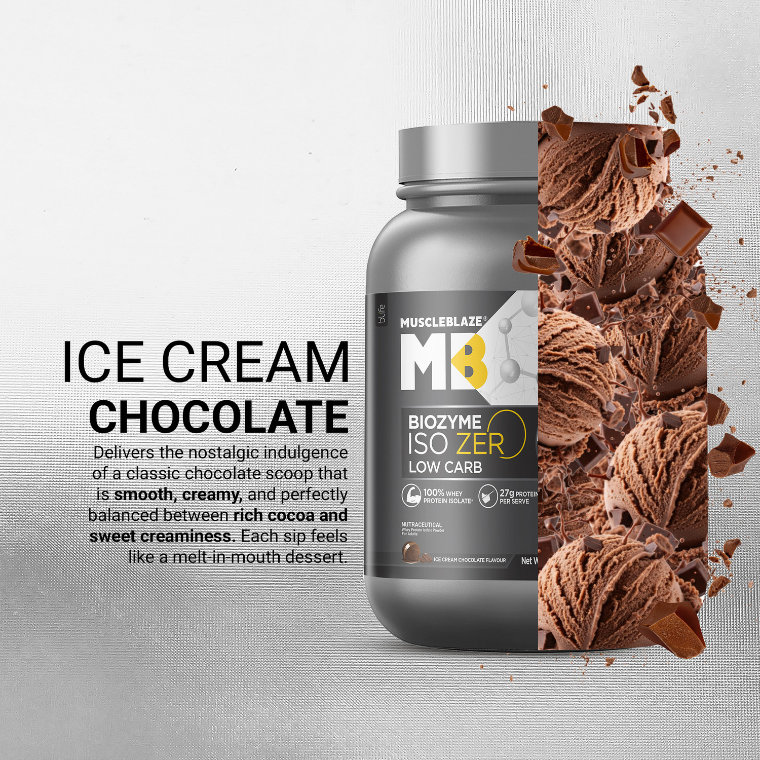 Image of MUSCLEBLAZE Biozyme Iso-Zero, Low Carb Isolate, 27g Per Scoop Whey Protein