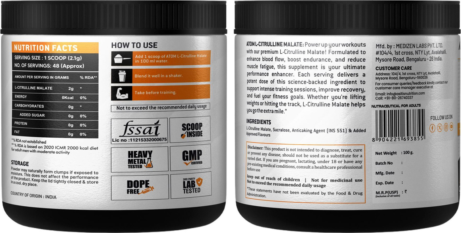 Image of AS-IT-IS Nutrition ATOM L-Citrulline Malate Powder 2000mg, 100gm, Kiwi EAA (Essential Amino Acids)