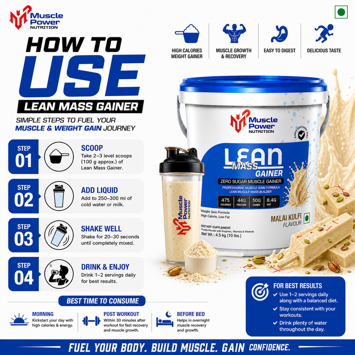 Image of 56 INCHES MUSCLE POWER NUTRITION LEAN MASS GAINER 4.5KG Weight Gainers /Mass Gainers