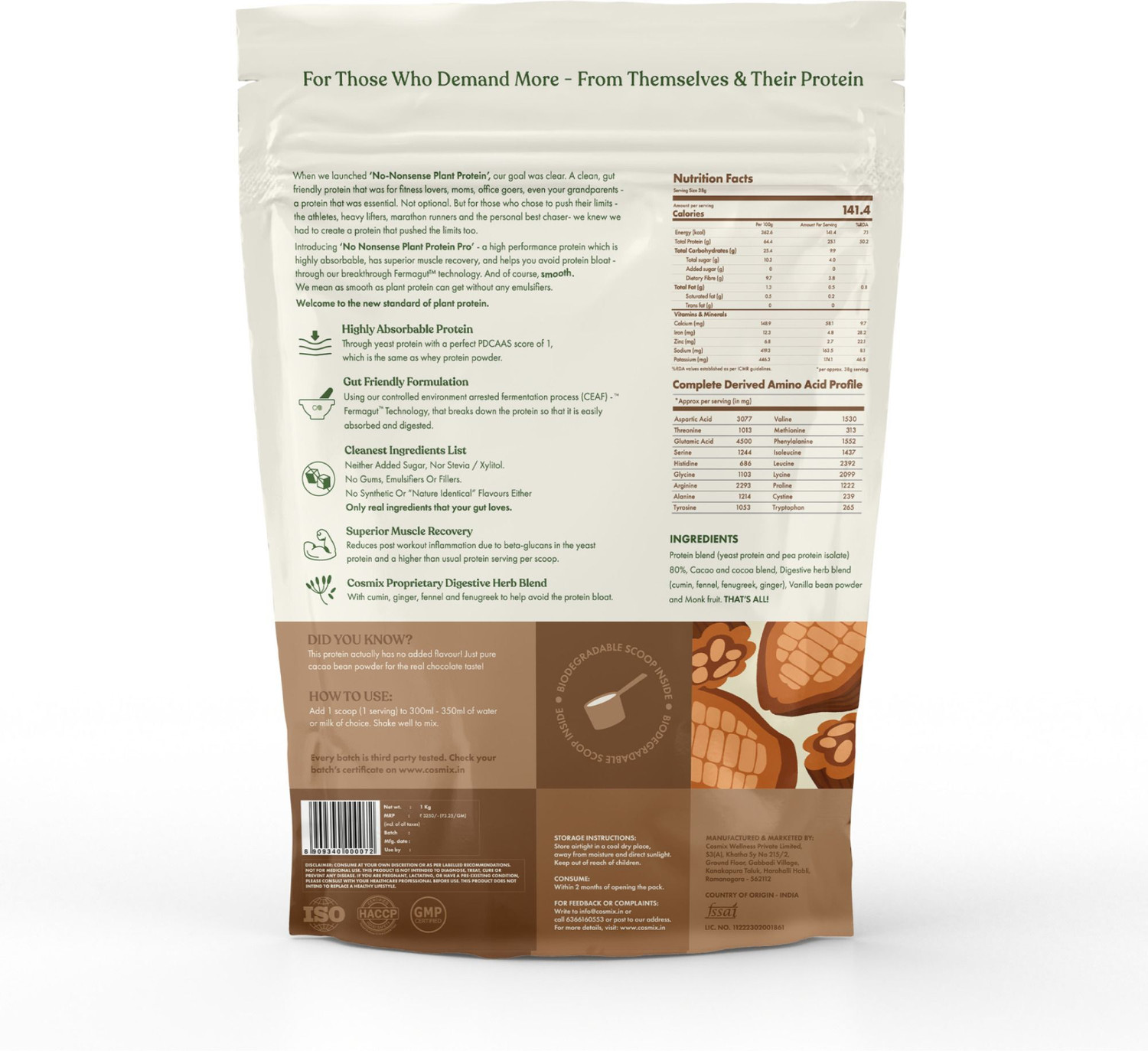 Image of COSMIX No-Nonsense Plant Protein Pro,26g Protein,Light On Gut, Superior Muscle Recovery Plant-Based Protein (1000 g, Indonesian Cacao)