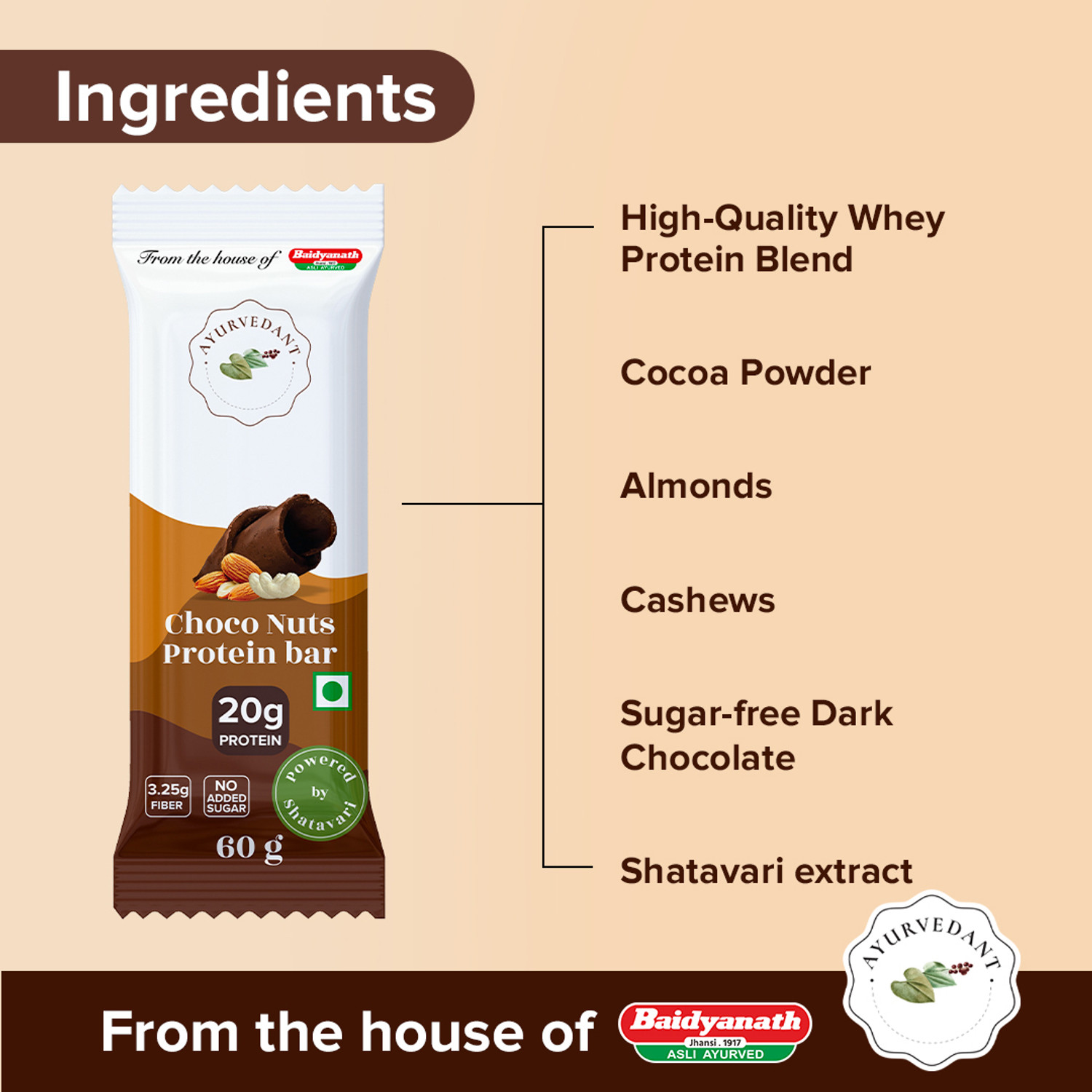 Image of Baidyanath Ayurvedant Choco Nuts Pack of 6 Protein Bars