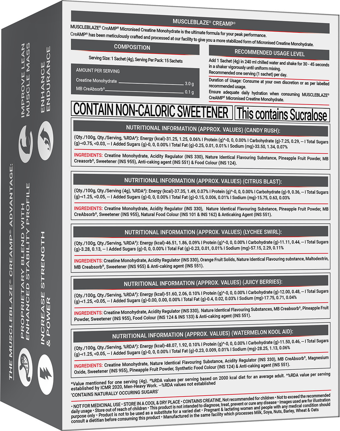 Image of MUSCLEBLAZE Micronised Creatine Monohydrate CreAMP Powder, 15 Sachets | Trustified Certified Creatine