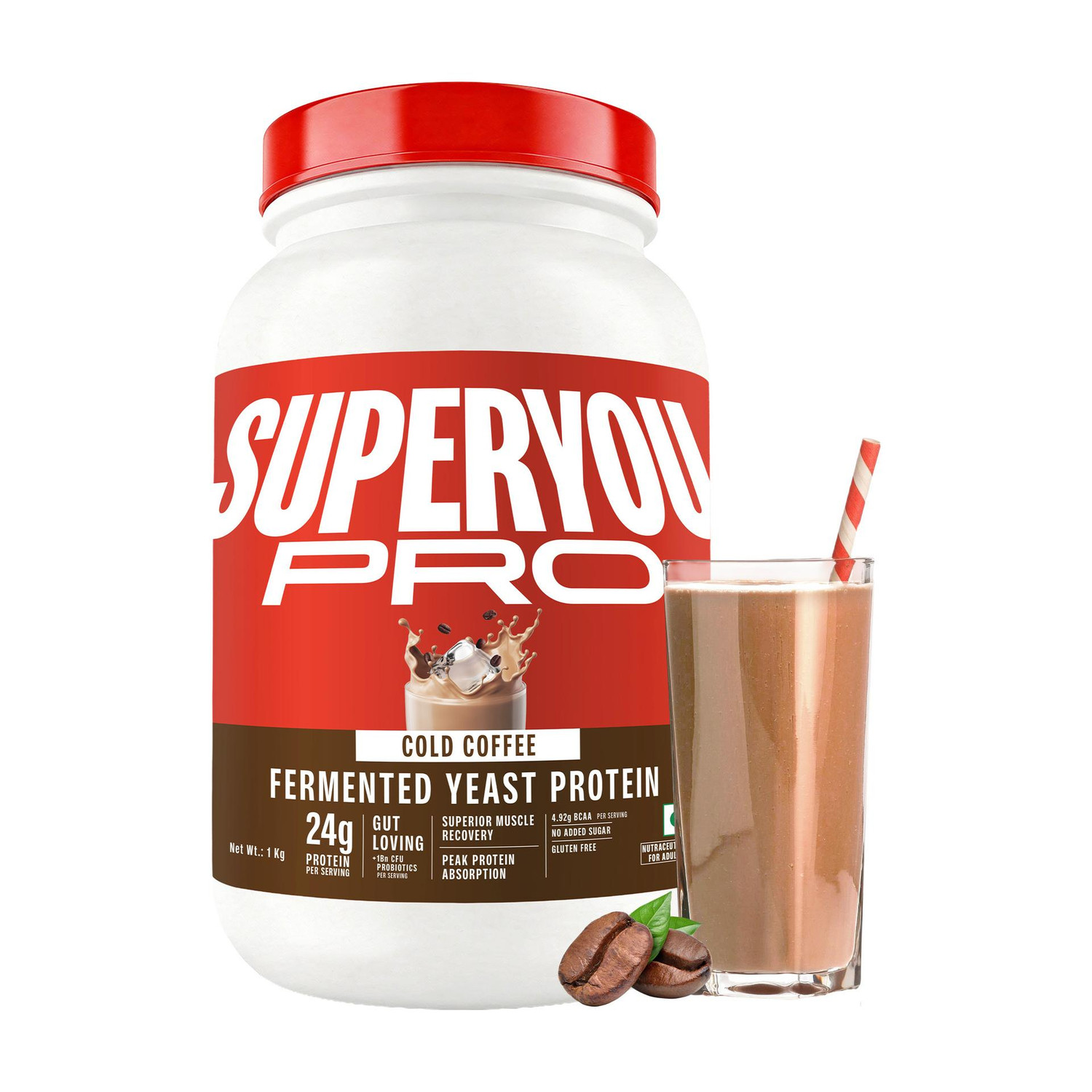 Image of SUPERYOU Pro Fermented Yeast Protein, 24g Protein, Gut Friendly, Superior Muscle Recovery Plant-Based Protein (1 kg, Coffee)