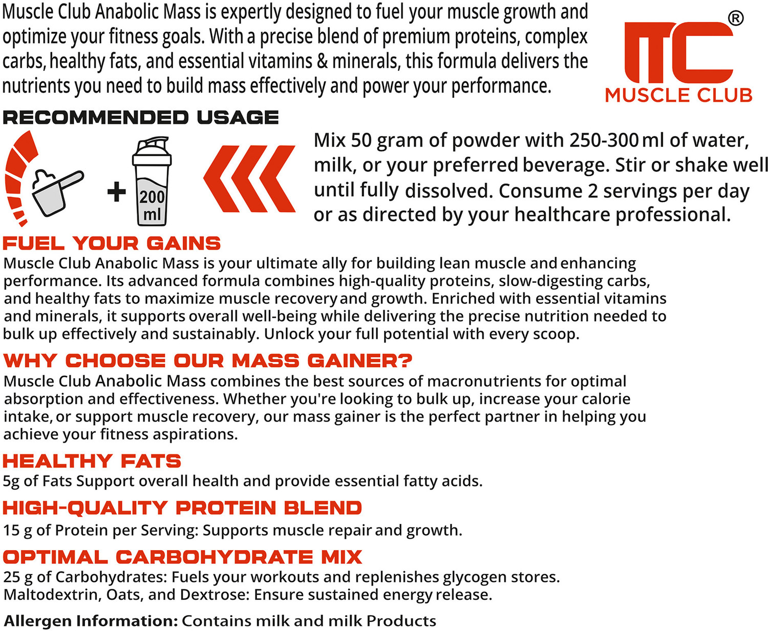 Image of Muscle Club Anabolic Mass Gainer High-Calorie Weight Gainer with Protein Chocolate Flavor Weight Gainers /Mass Gainers