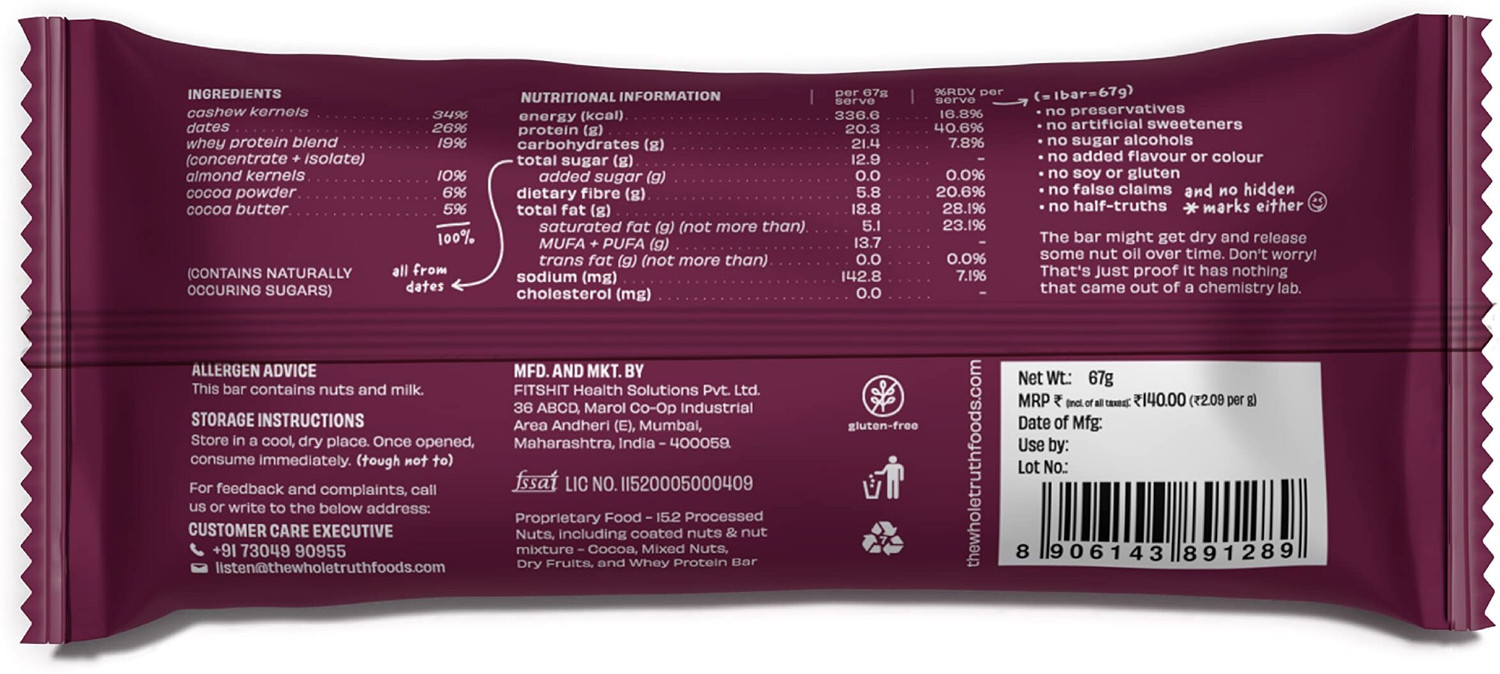 Image of The Whole Truth High Protein Double Cocoa 20g Protein | Protein Bar | No Added Sugar Nutrition Bars