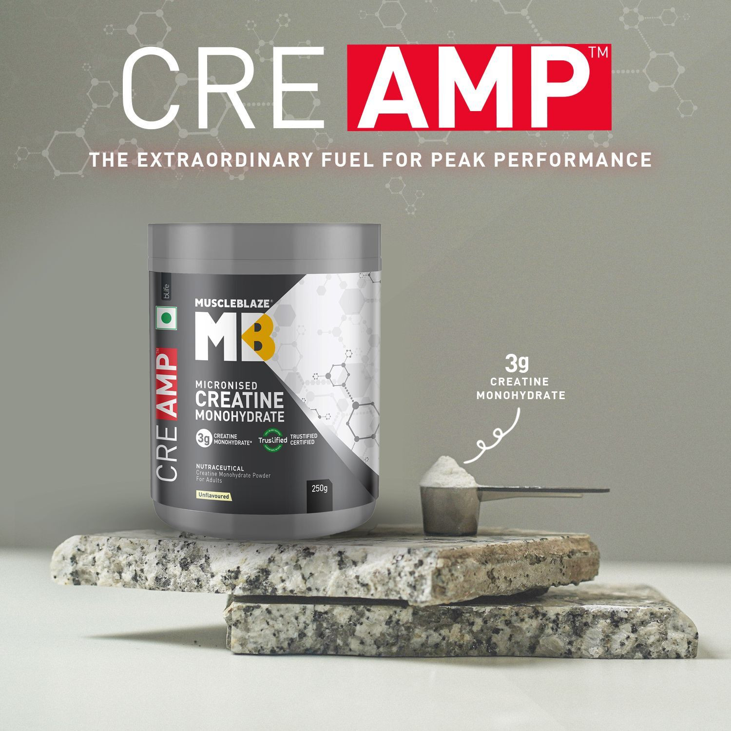 Image of MUSCLEBLAZE Micronised Creatine Monohydrate CreAMP, Trustified Certified & Gym Steel Shaker Creatine