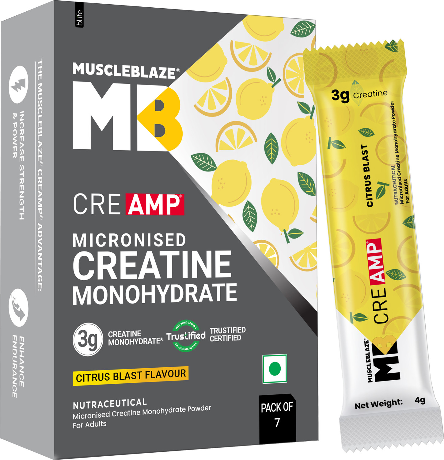 Image of MUSCLEBLAZE Micronised Creatine Monohydrate CreAMP Powder, 7 Sachets | Trustified Certified Creatine