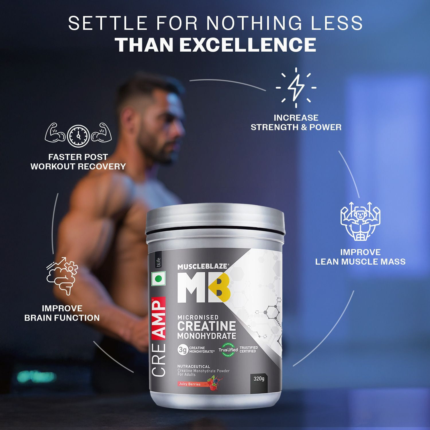 Image of MUSCLEBLAZE Micronised Creatine Monohydrate CreAMP Powder with Shaker, Trustified Certified Creatine