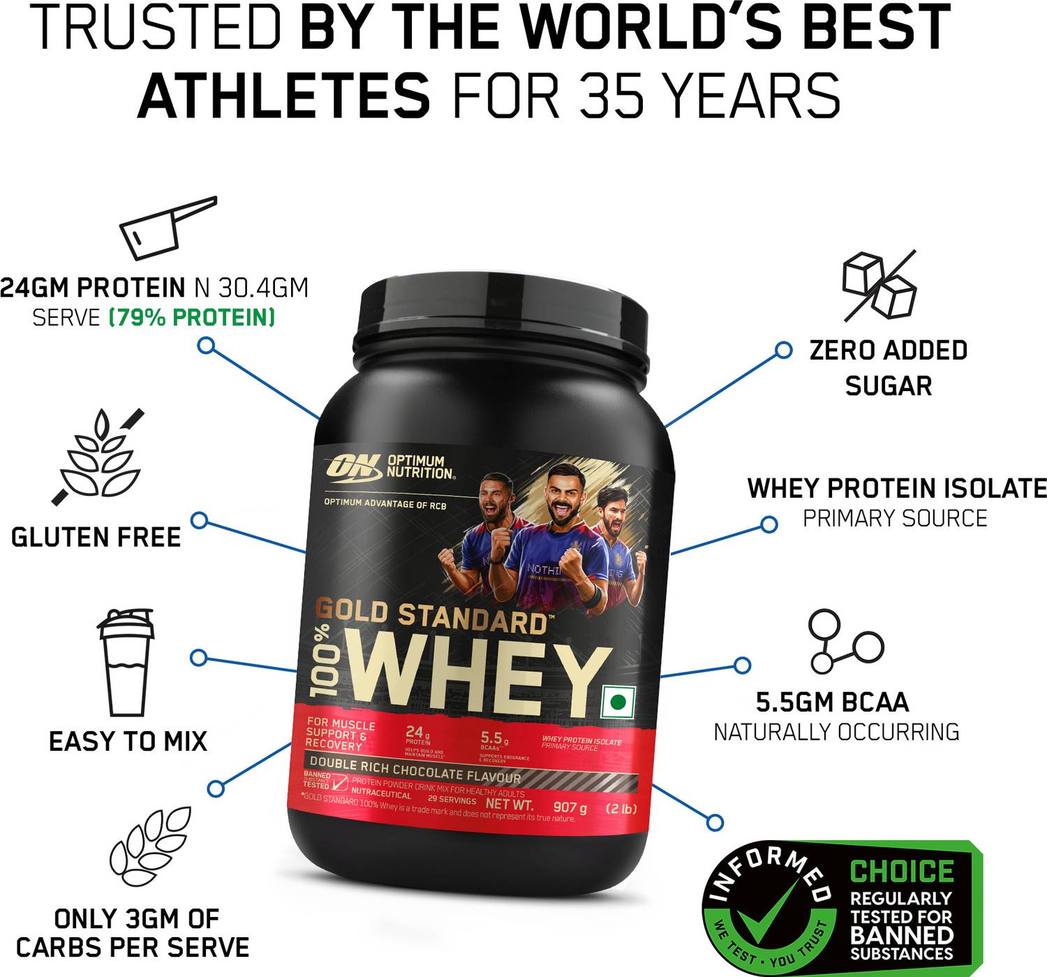 Optimum Nutrition RCB Limited Edition Whey Protein 907 g - Image 2