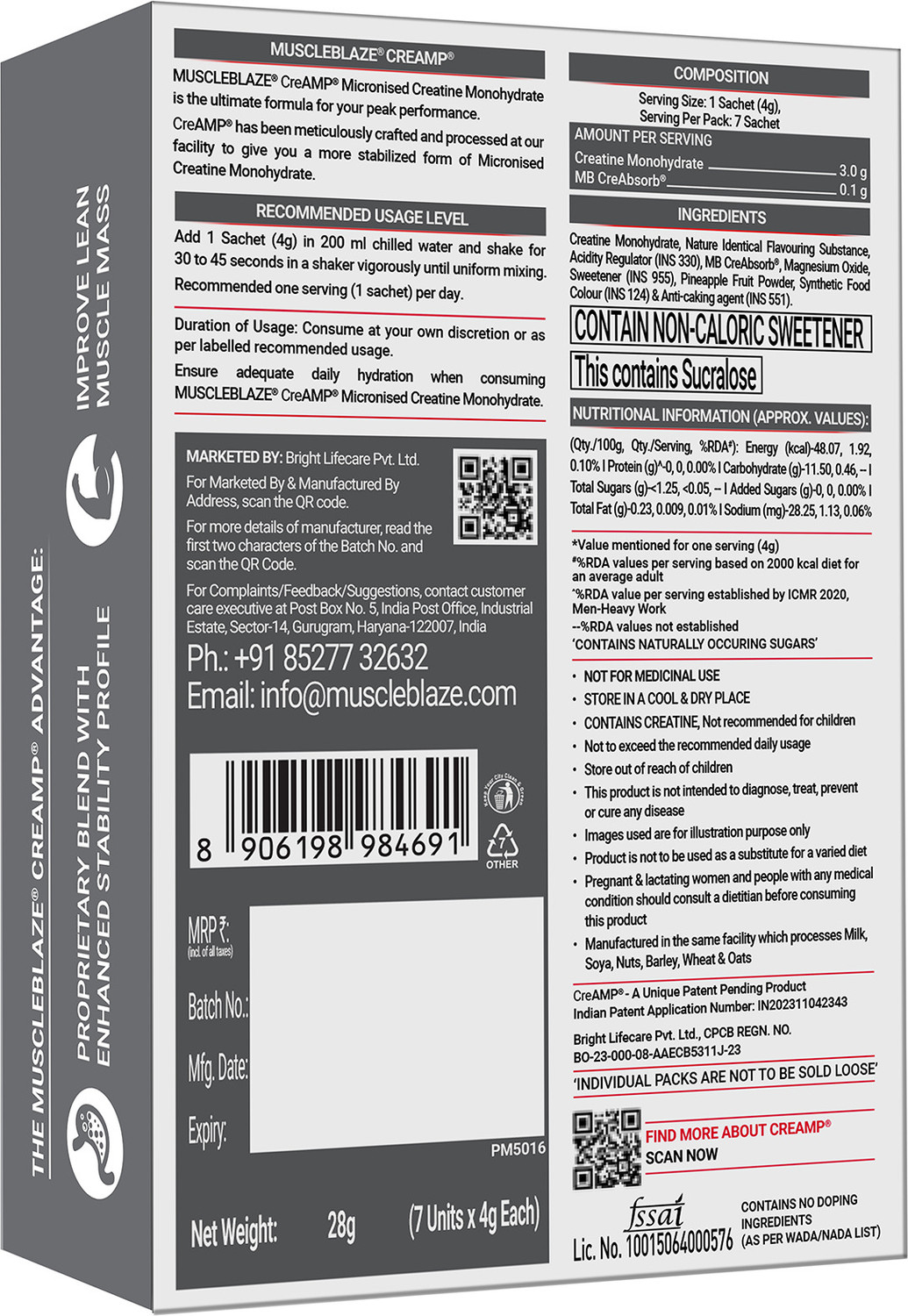 Image of MUSCLEBLAZE Micronised Creatine Monohydrate CreAMP Powder, 7 Sachets | Trustified Certified Creatine