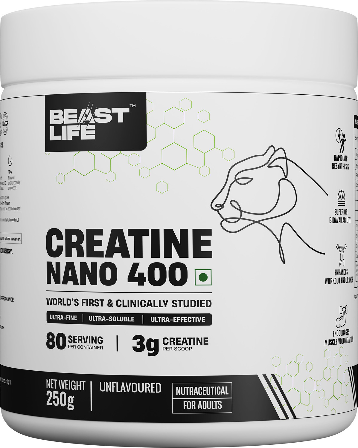 Image of BeastLife Creatine Nano 400 | 80 Servings | Ultra Fine, Ultra Soluble, Ultra Effective Creatine
