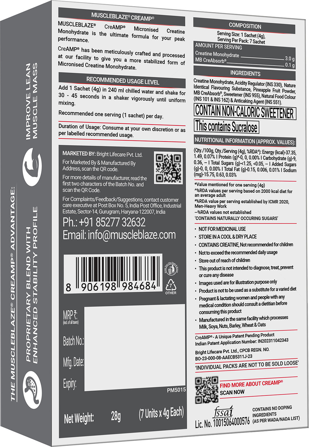 Image of MUSCLEBLAZE Micronised Creatine Monohydrate CreAMP Powder, 7 Sachets | Trustified Certified Creatine