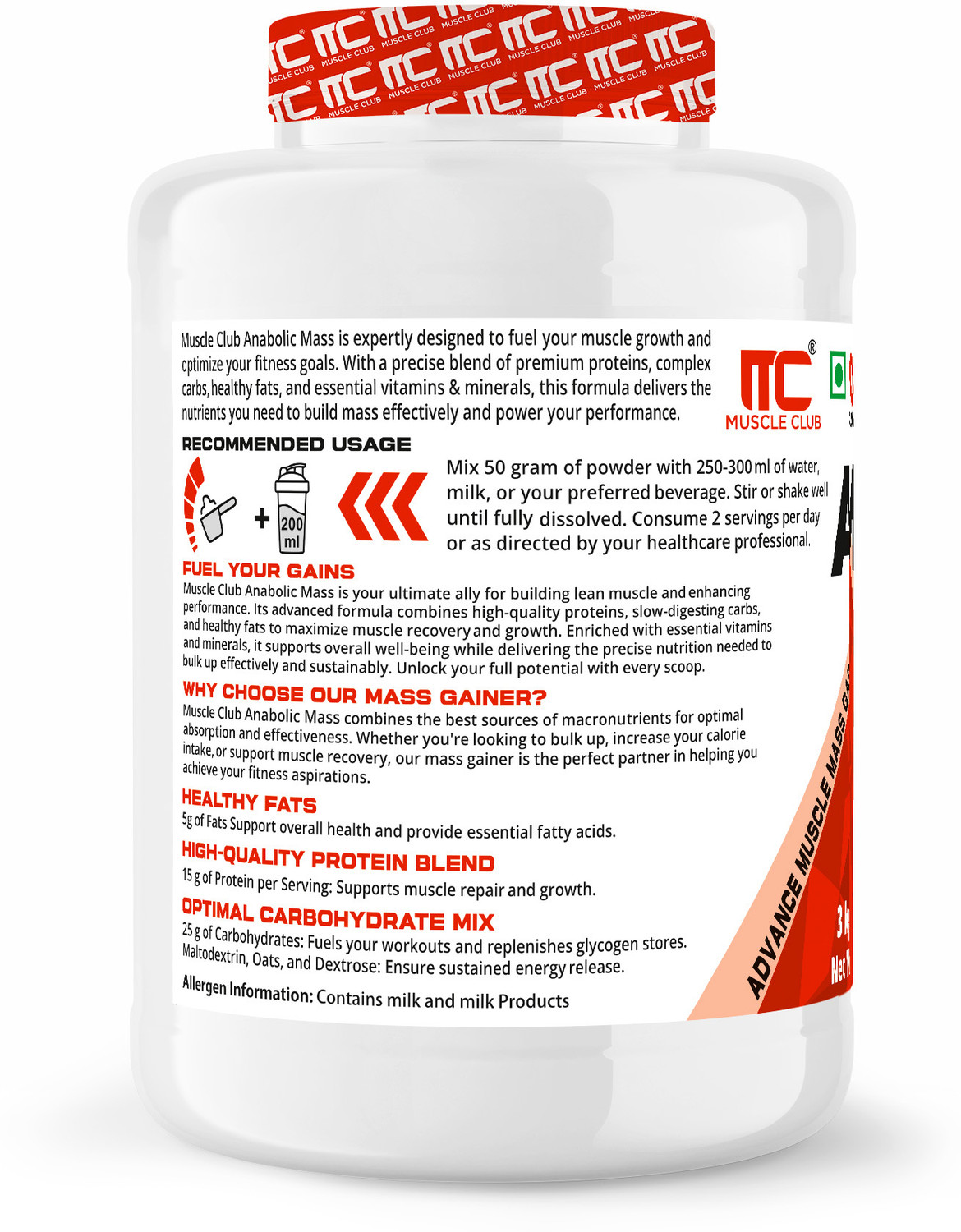 Image of Muscle Club Anabolic Mass Gainer High-Calorie Weight Gainer with Protein Chocolate Flavor Weight Gainers /Mass Gainers