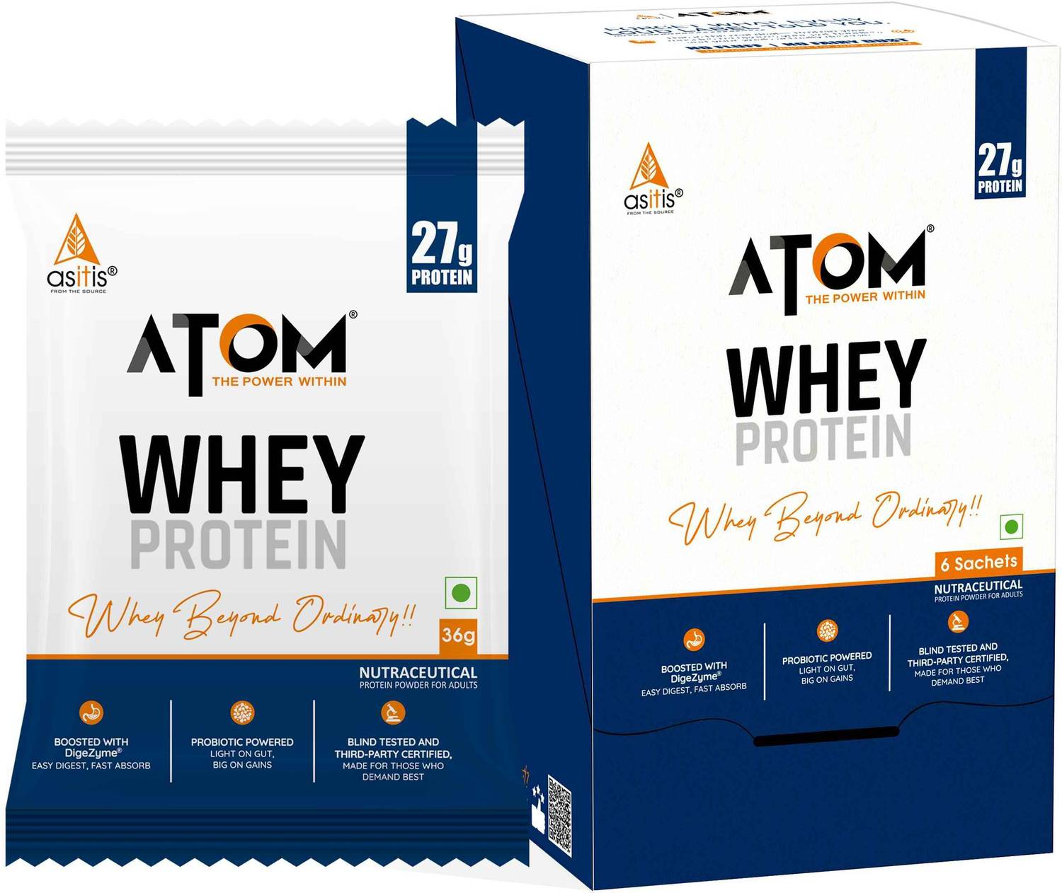 AS-IT-IS Nutrition ATOM Whey Protein, 27g Protein, DigeZyme & Probiotics, Easy Carry No Excuse Pack Whey Protein