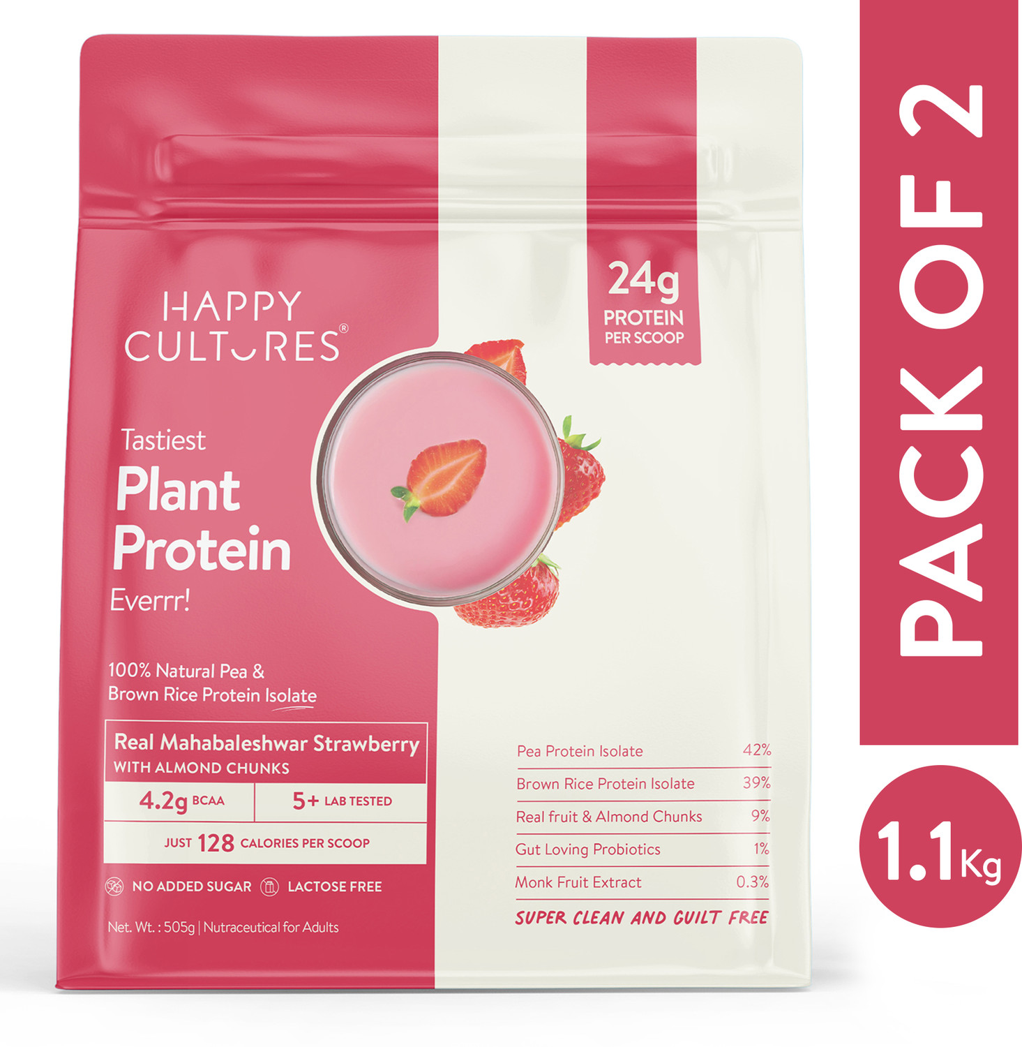 Image of Happy Cultures 24g Strawberry Tastiest Plant Protein|No Gas & Bloating|18 Amino Acid| Vegan Plant-Based Protein