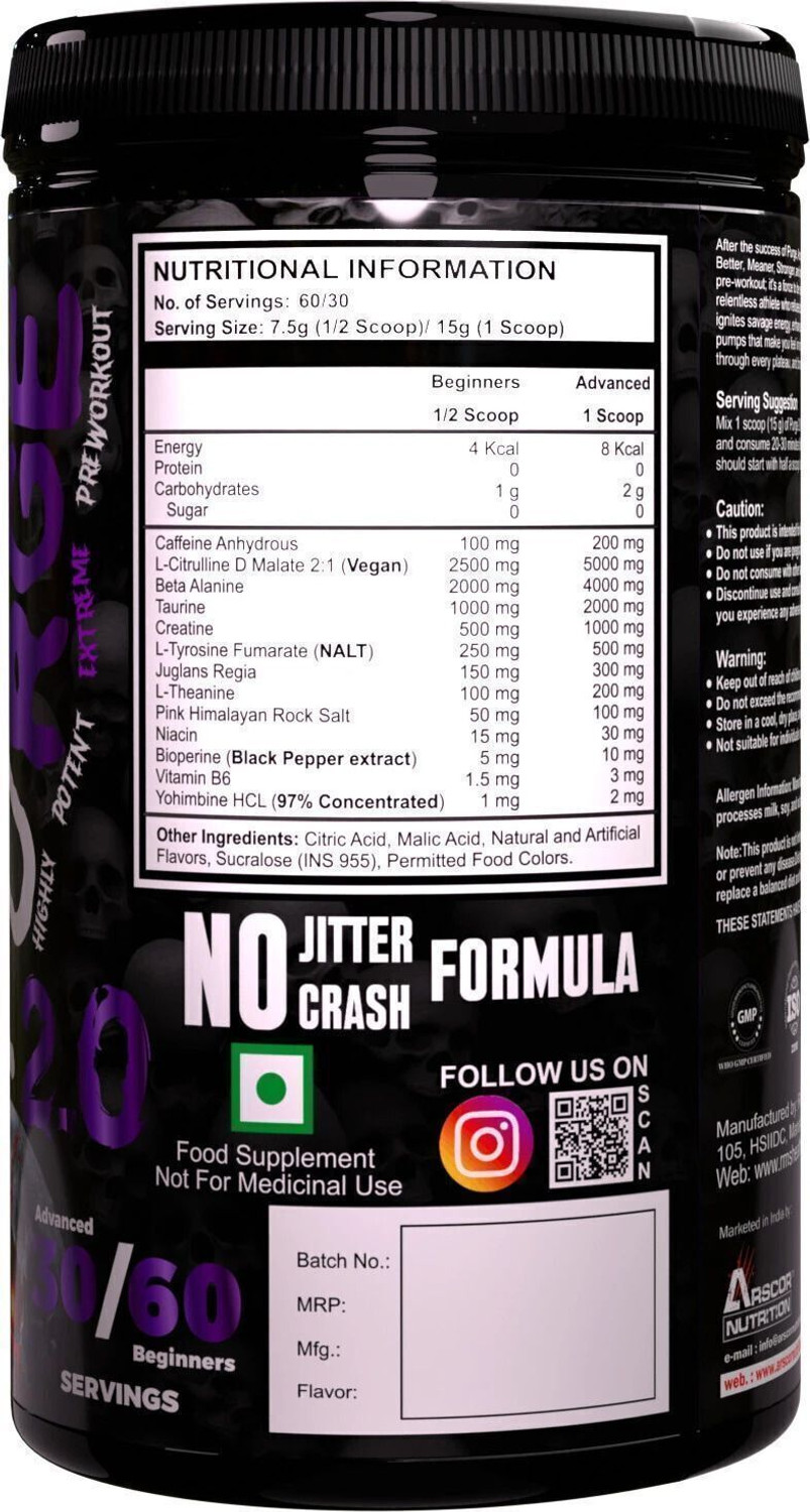 Image of Arscor Purge 2.0 Hardcore Pre-workout Supplement for Energy, Strength & Focus Pre Workout