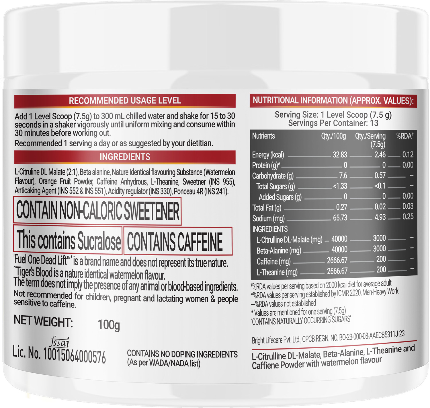 Image of FUELONE Dead-Lift Pre Workout | 200mg Caffeine, 200mg L-Theanine Pre Workout